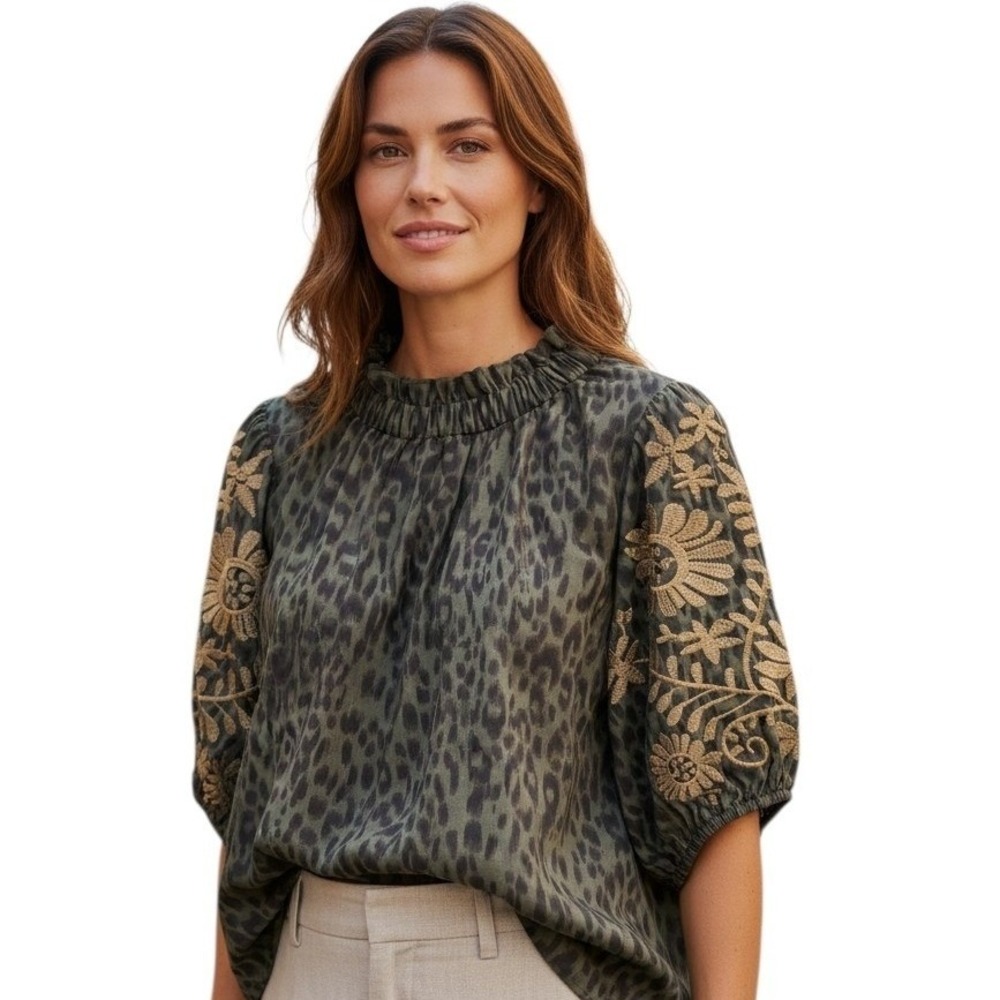 THML Leopard Print Puff Embroidered Sleeve Womens size Large Button Back Blouse